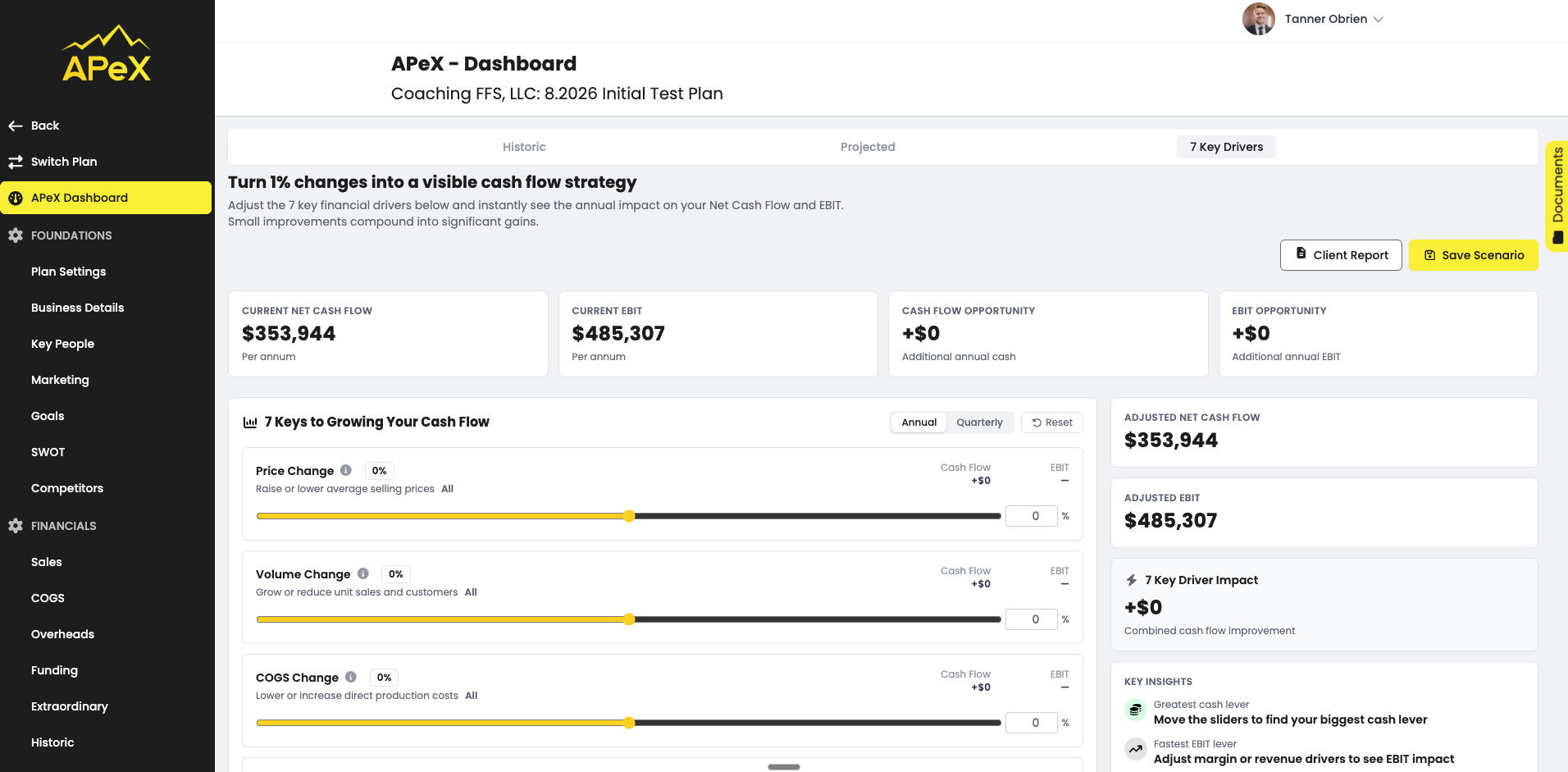 Apex 7 Key Drivers simulator with sliders for price, volume, and COGS showing live cash flow and EBIT impact