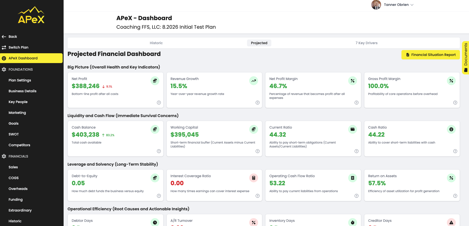 Apex projected financial dashboard showing net profit, revenue growth, margins, cash balance, and key financial ratios